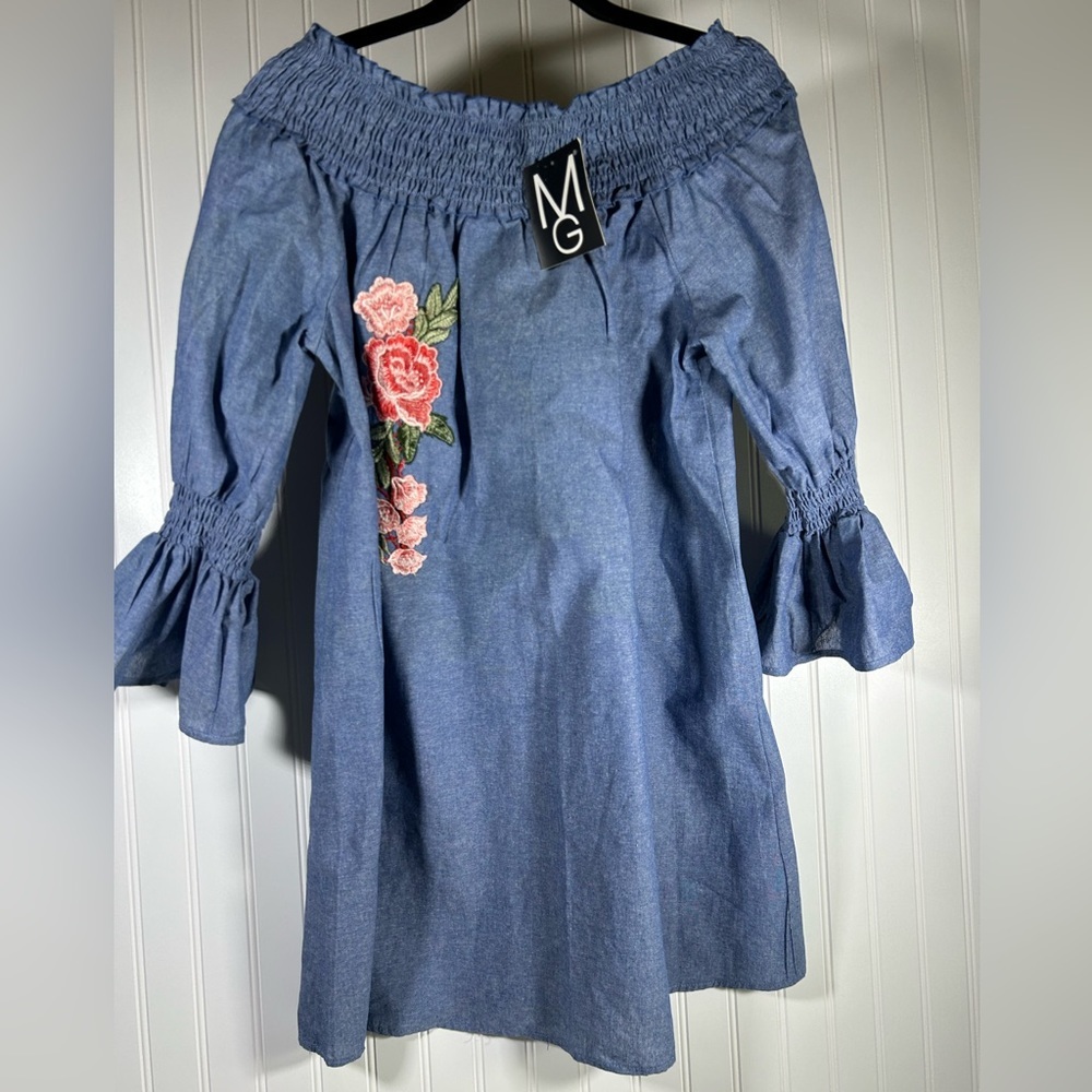 Off-Shoulder Blue Denim Dress with Floral Embroidery